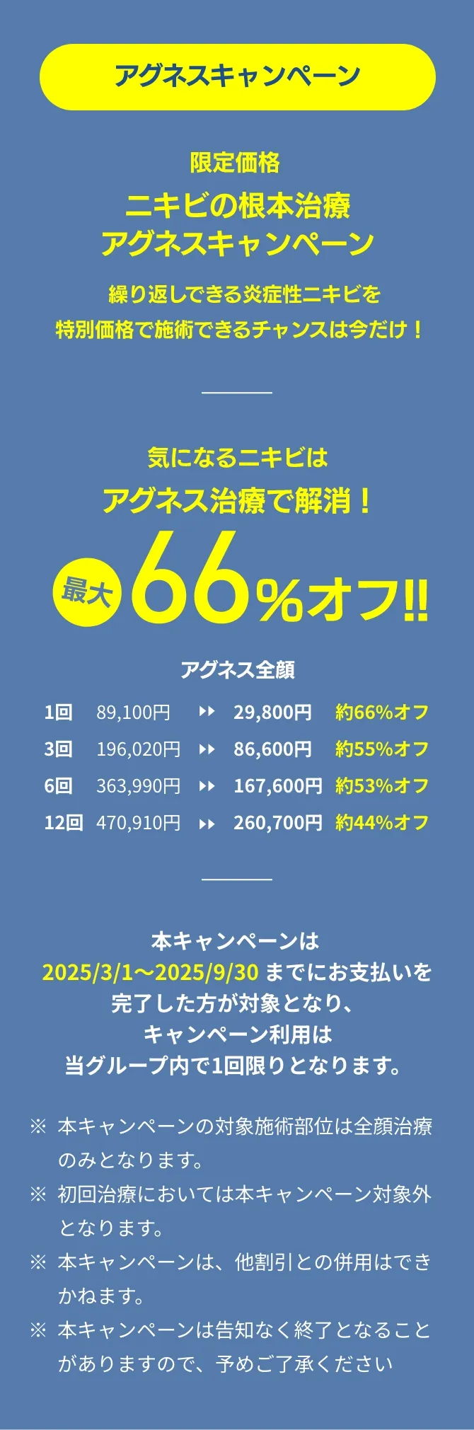 アグネスキャンペーン気になるニキビはアグネス治療で解消！最大66%オフ！！