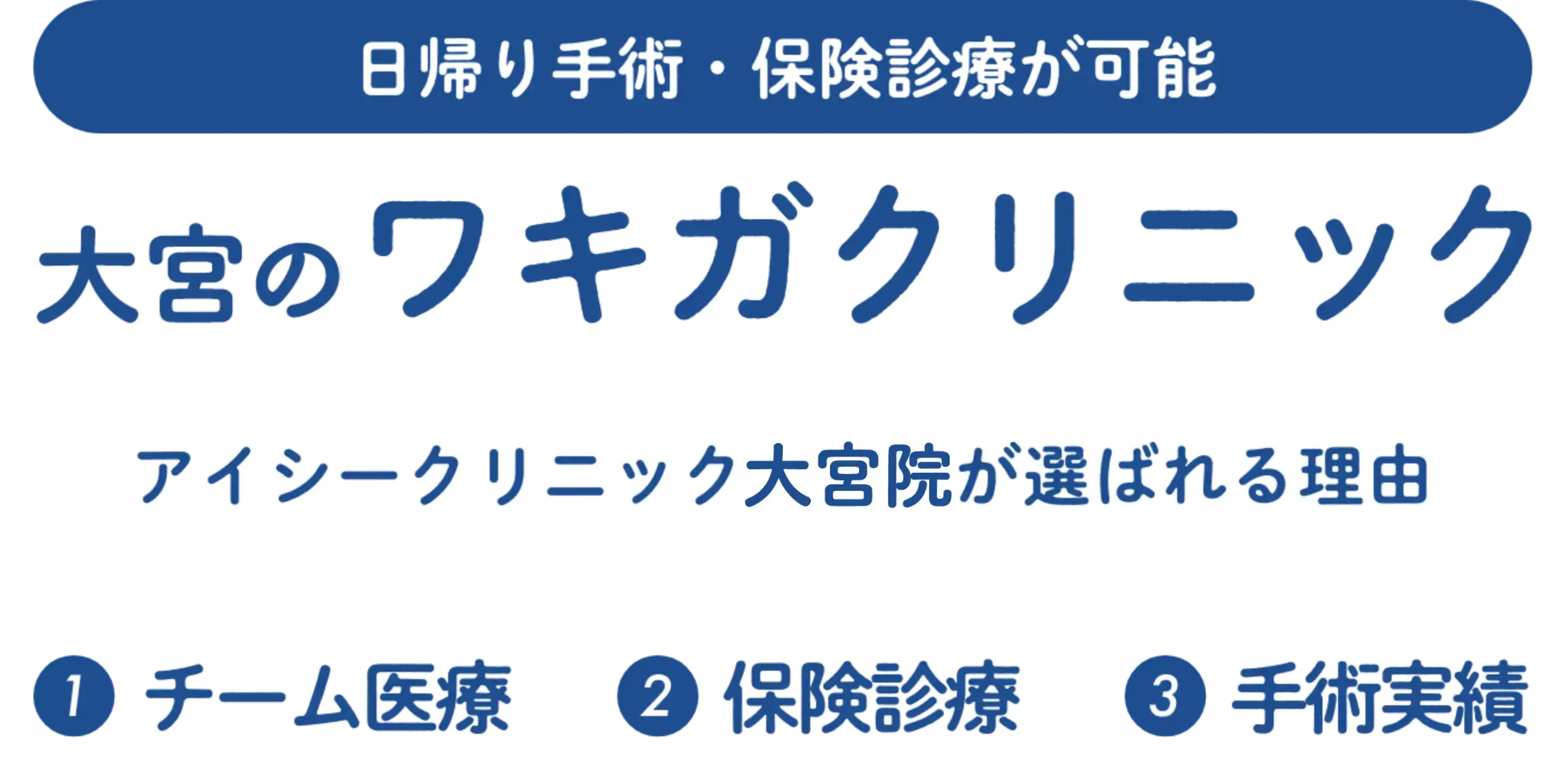 日帰り手術・保険診療が可能　大宮のワキガクリニック　アイシークリニック大宮院が選ばれる理由　①チーム医療　②保険診療　③手術実績